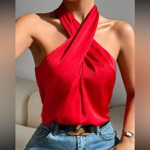 Red twist front halter top